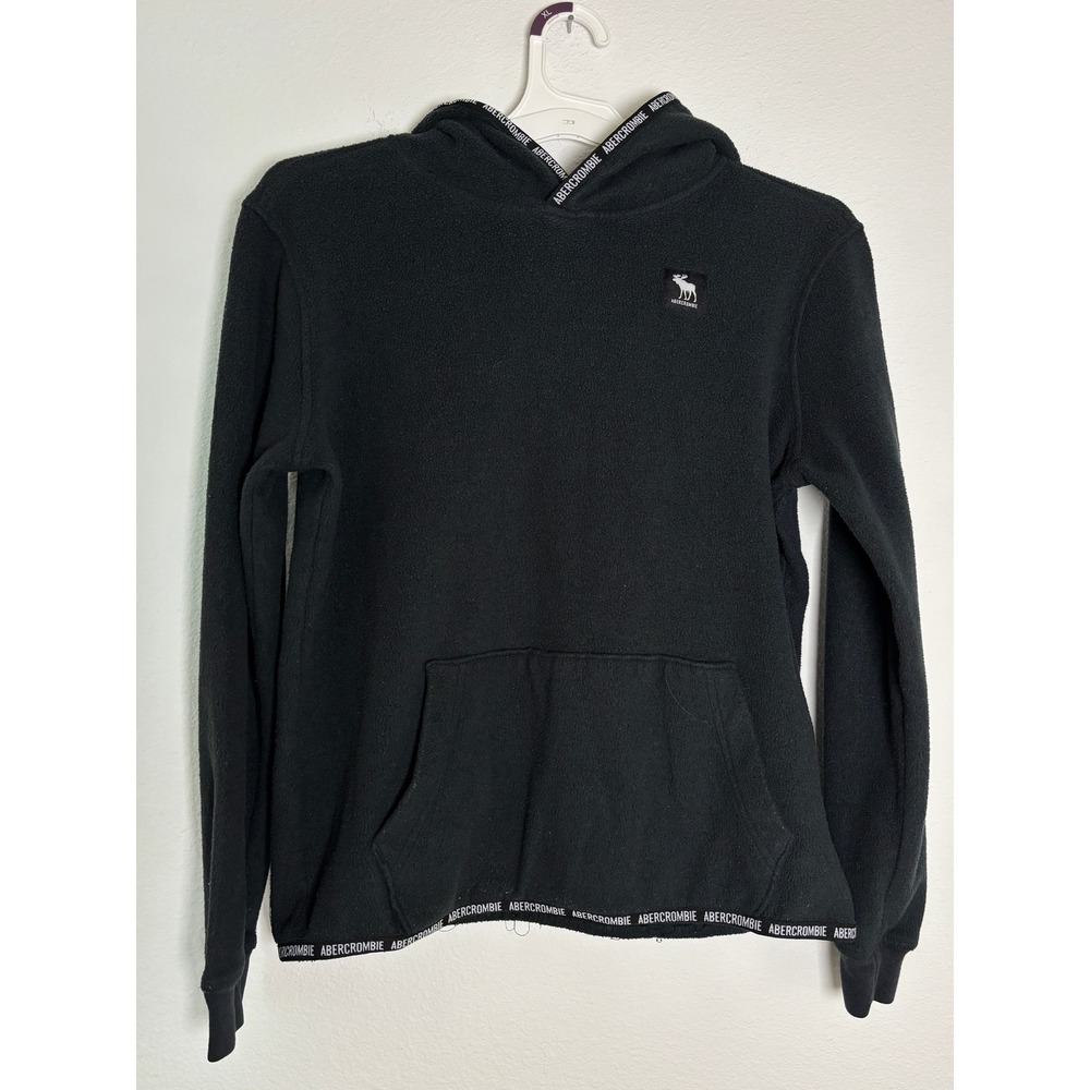 Abercrombie Kids Black Fleece Hoodie Logo Tape Sweatshirt Size 13/14 Large